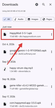 Android downloads list showing the HappyMod 3.5.1 APK download