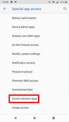 Android settings screen highlighting the Install unknown apps permission