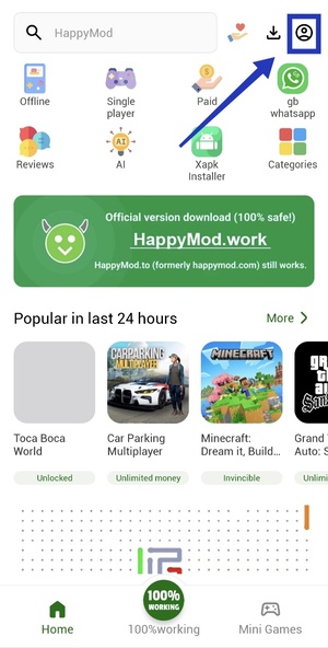 Open the profile area in HappyMod 2027