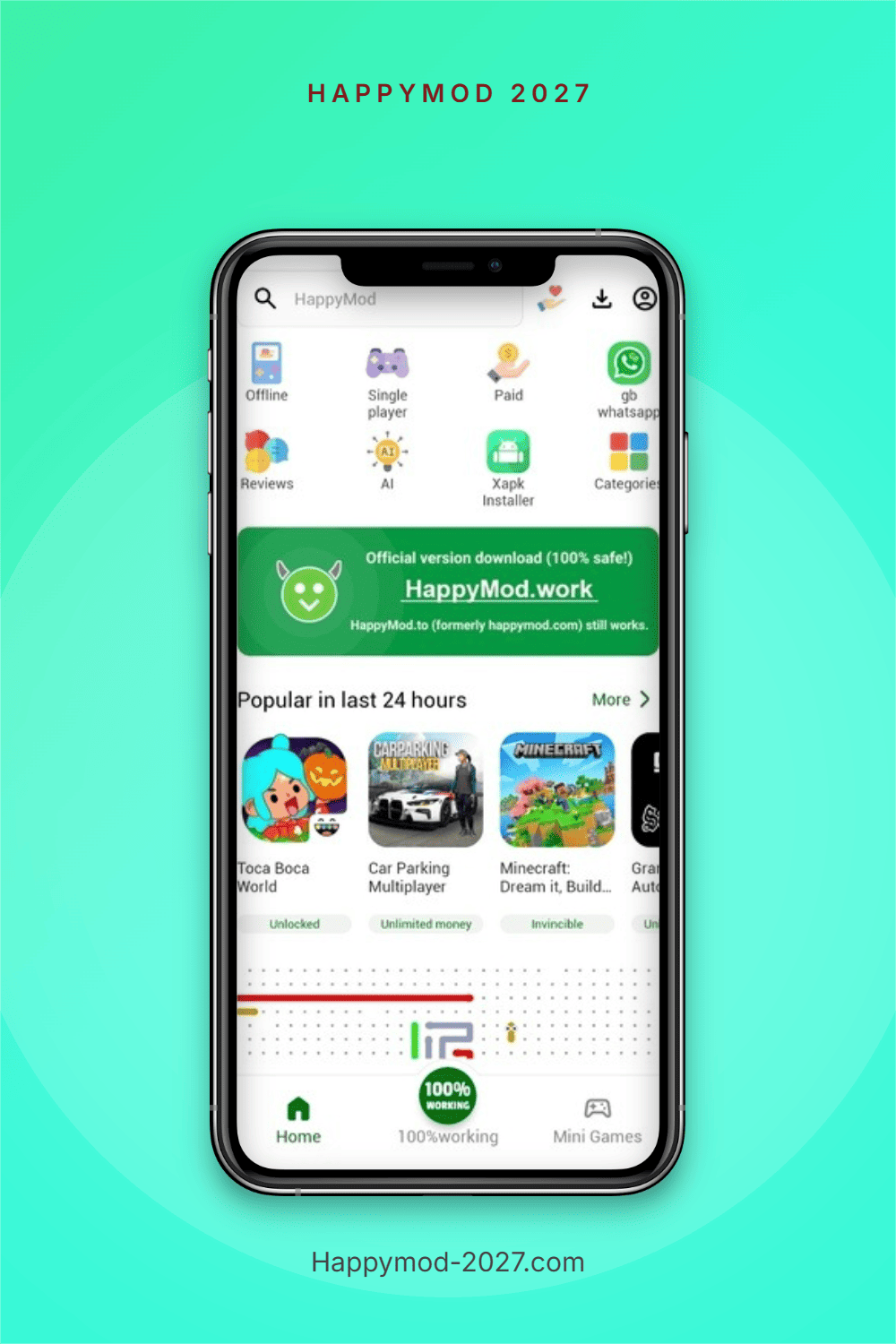 HappyMod Android app interface preview on a phone